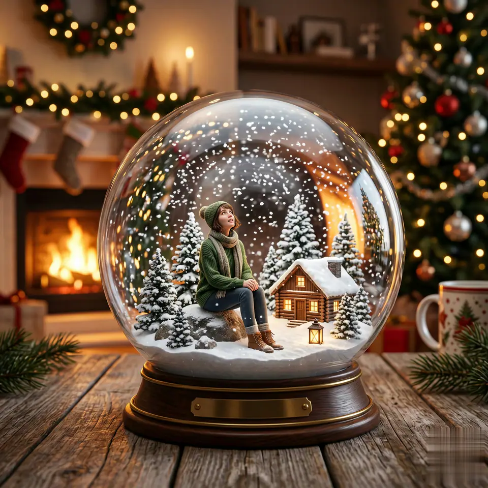 AI Christmas Snow Globe Filter Video Prompt Template visual example